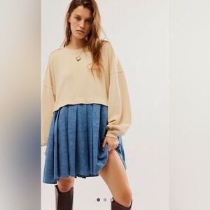 Free People Eleanor Denim Sweatshirt Denim Hem Pleating Heart Indigo Combo Sz M